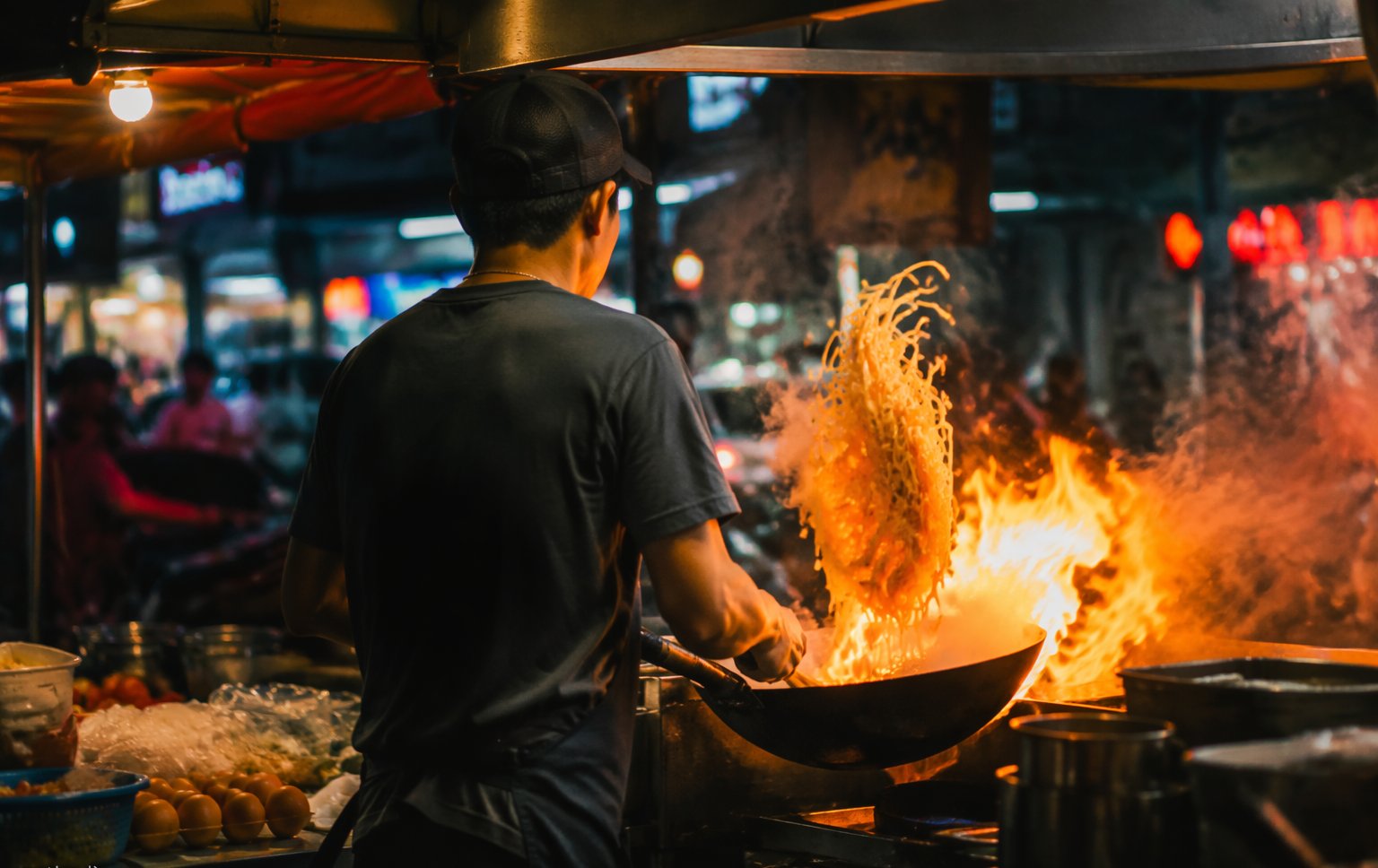 A Bangkok street-food vendor tossing noodles over flame at night, wok hei smoke rising under neon signs