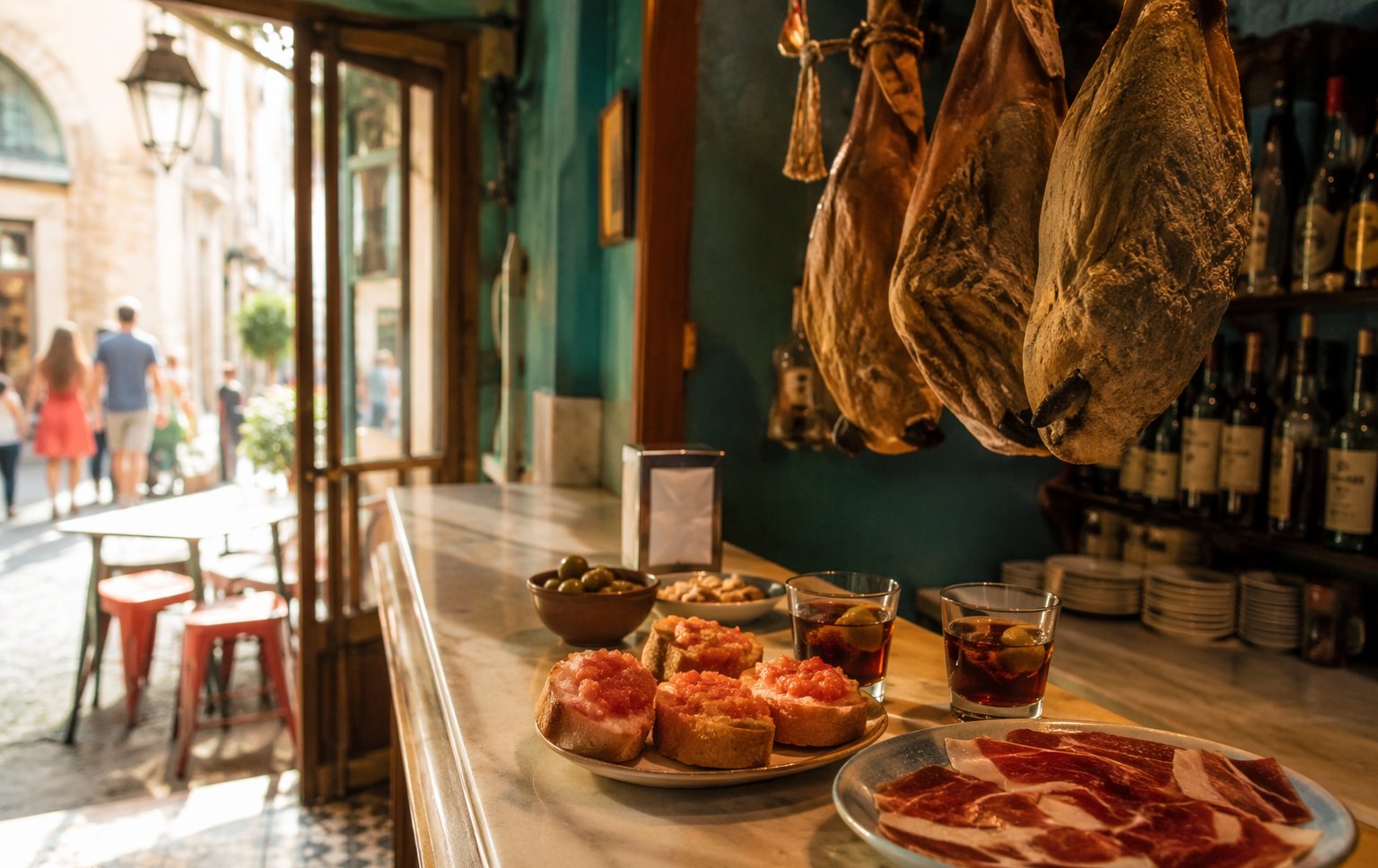 A crowded Barcelona tapas bar with plates of jamón, pan con tomate and vermouth glasses on a marble counter