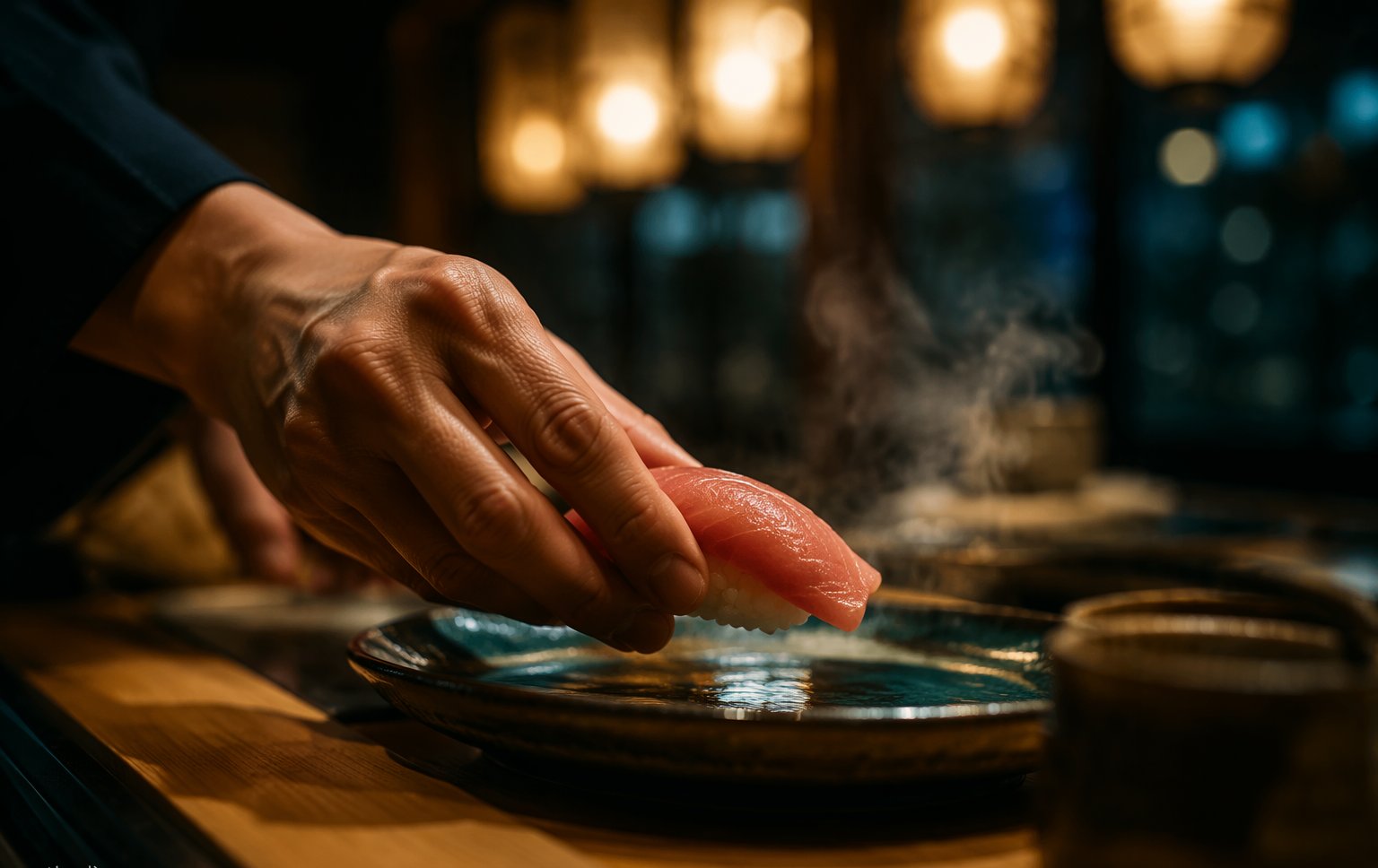 A sushi master forming nigiri behind a hinoki counter in Ginza, Tokyo, in warm lantern light