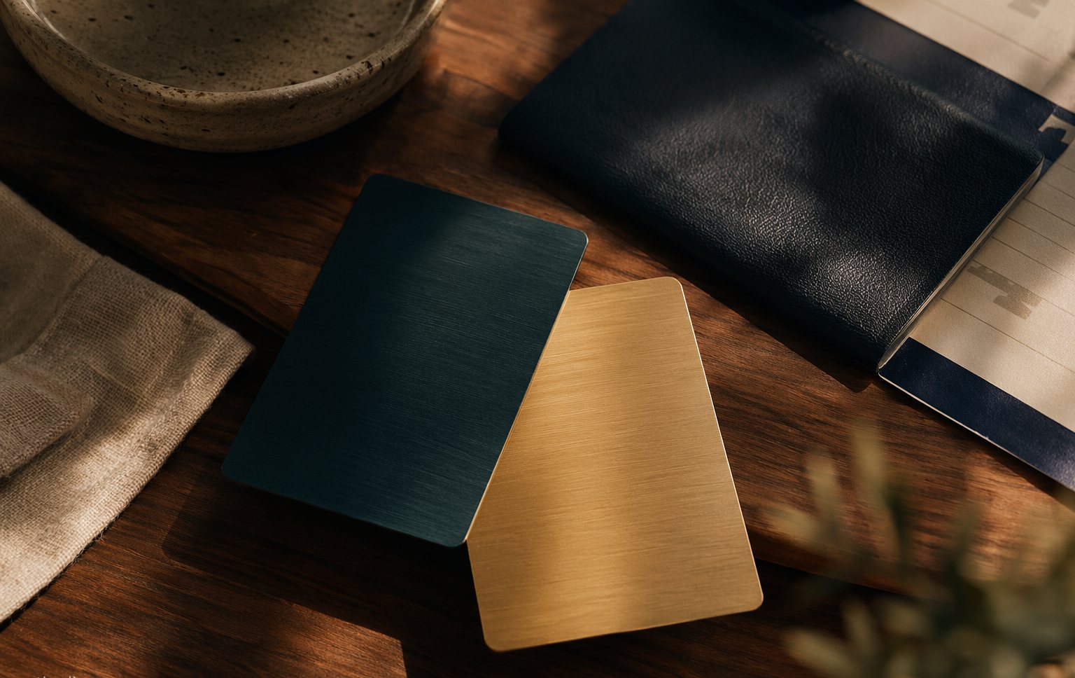 A passport, boarding pass and a stack of travel credit cards arranged on a dark slate background