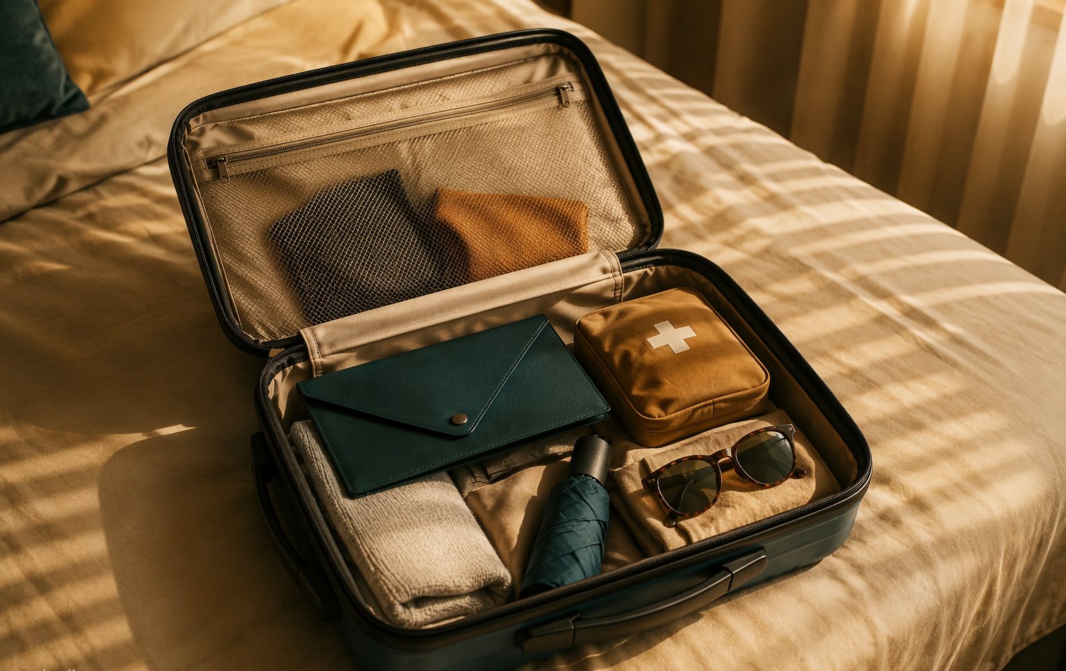 A traveler reviewing insurance documents on a laptop beside a passport and a first-aid kit