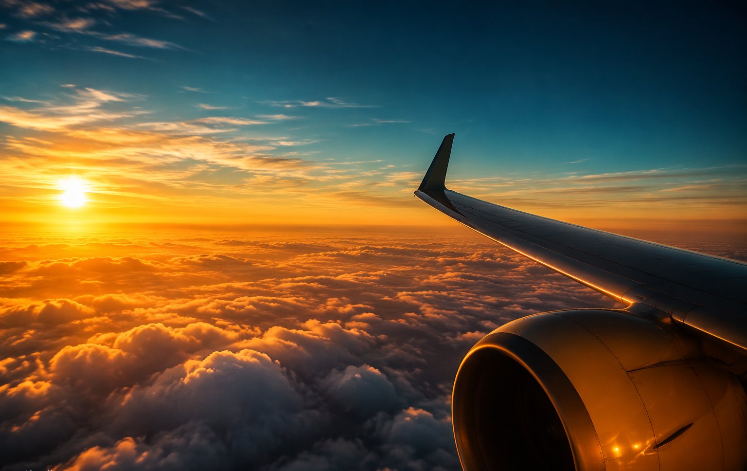 An airplane wing above clouds at sunrise with a glowing fare-price graph overlaid