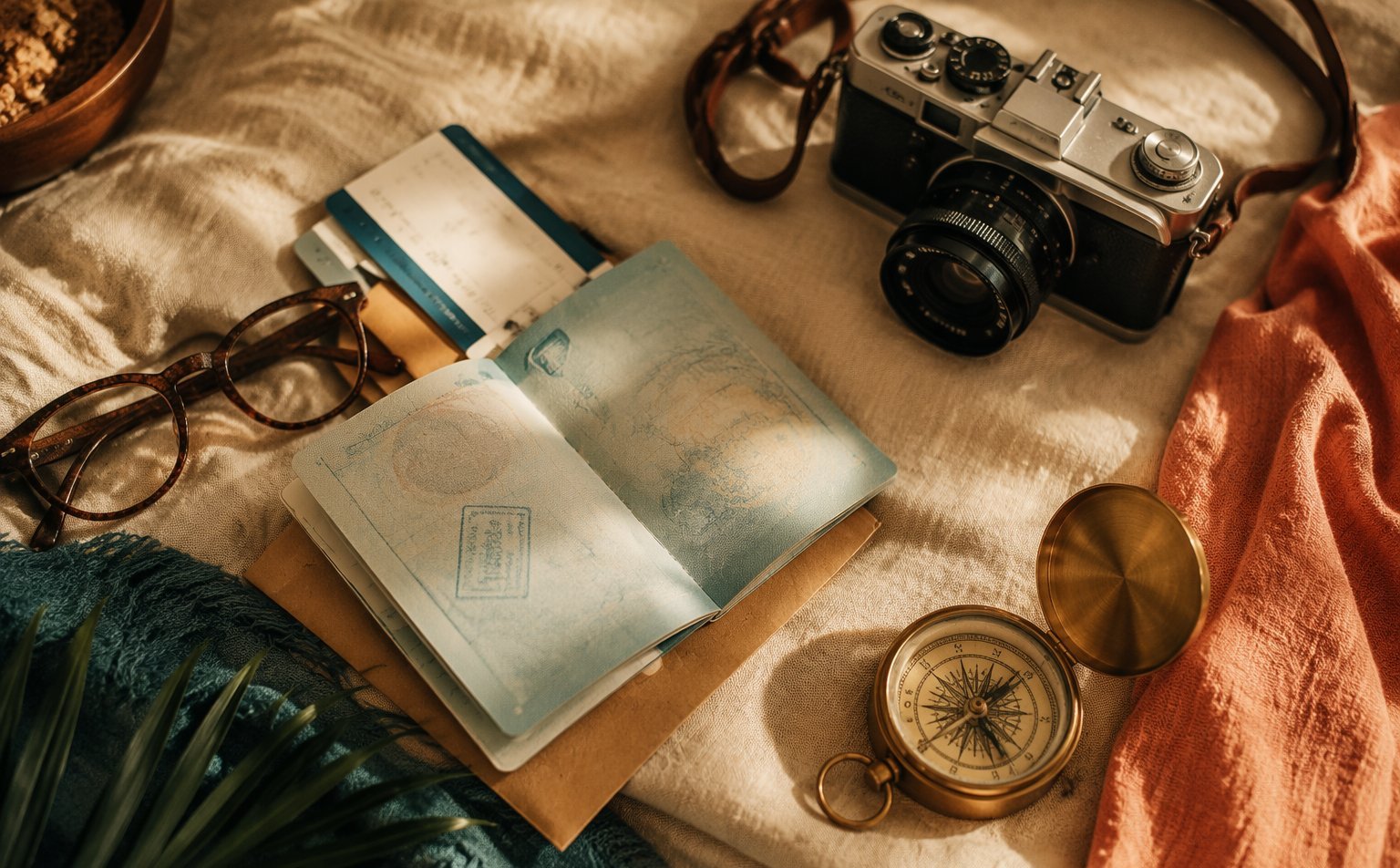 Flat-lay of a passport, travel documents, brass compass and camera on warm linen — travel insurance essentials