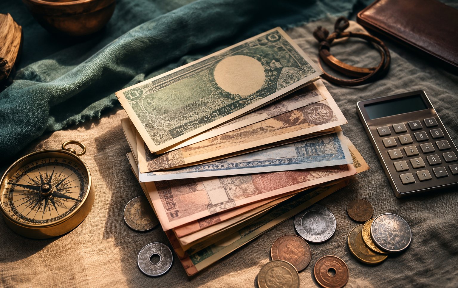 A wallet with mixed foreign banknotes and a card terminal showing a currency choice screen