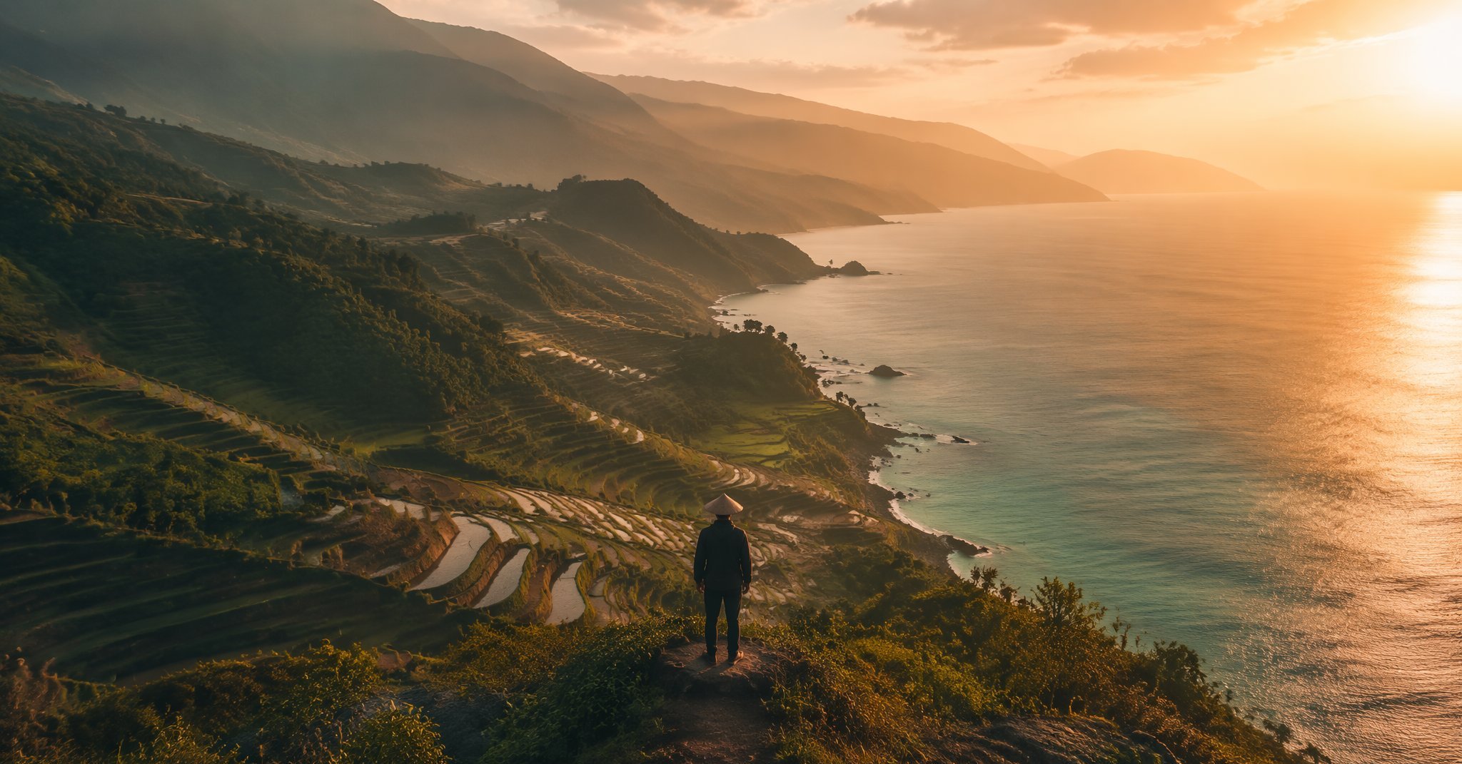 Terraced Asian mountains meeting the sea at golden hour with a lone traveler overlooking the vista