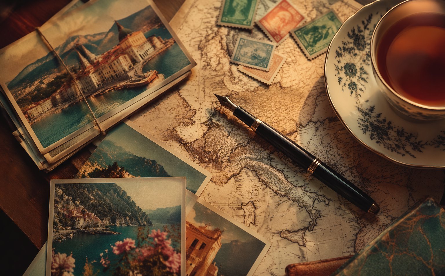 Vintage travel postcards, postage stamps and a fountain pen arranged on a map in warm light